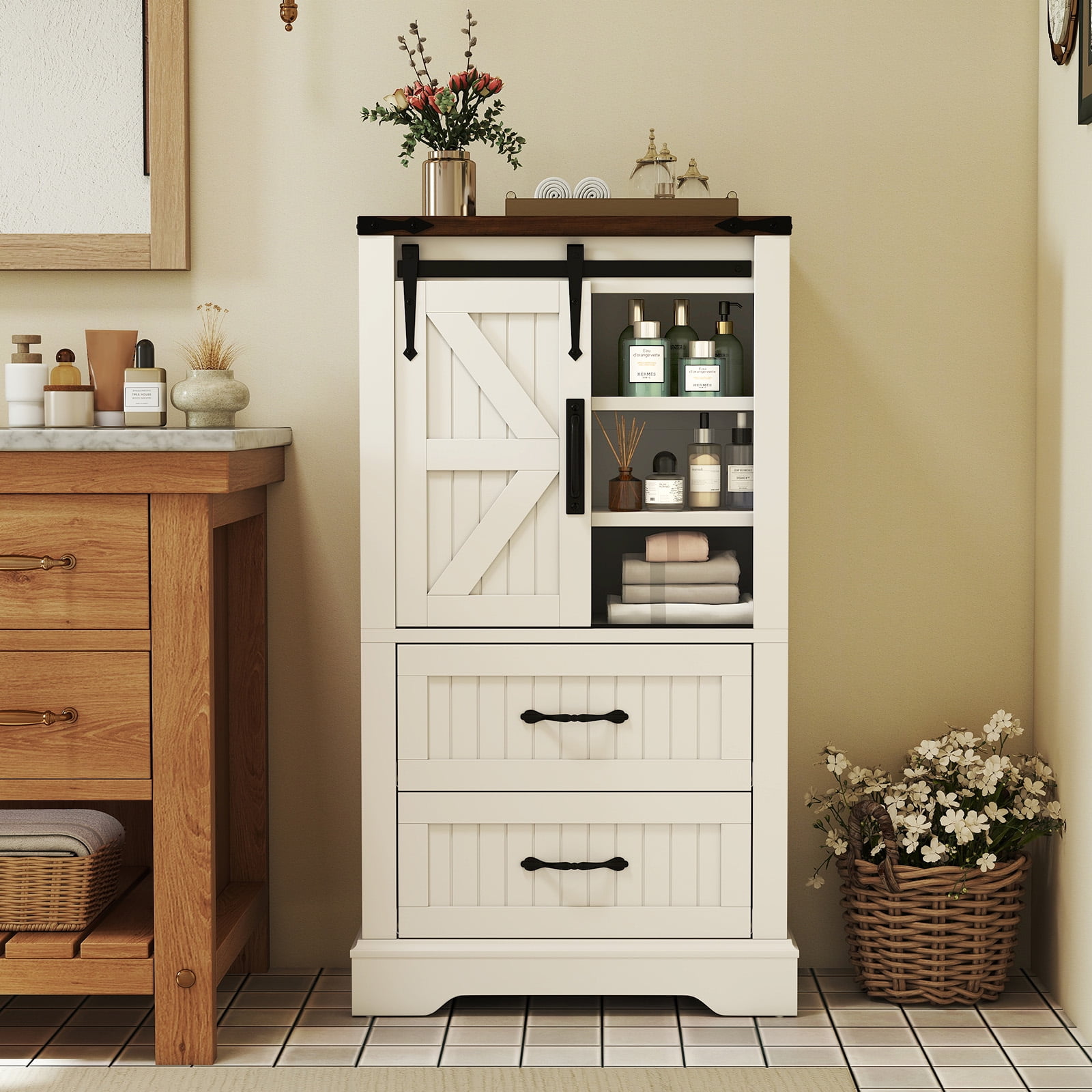 Gymax Farmhouse Bathroom Floor Cabinet w/Sliding Door Adjustable Shelves & 2 Drawers