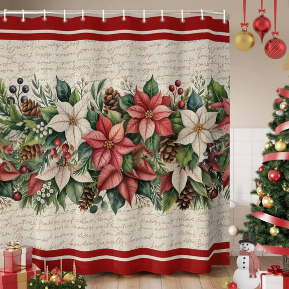 Christmas Poinsettia Shower Curtain, Winter Xmas Berry Leaf on Linen Waterproof Fabric Shower Curtains with 12 Hooks, Bathroom Curtain Set for Bathroom Accessories Decor, 72 x 78 Inches