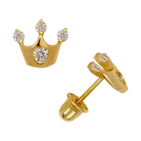 Solid 14k Gold Cubic Zirconia CZ Beautiful Three Top Stone Crown Shaped Stud Earrings Yellow Gold-Stud Earring for Women