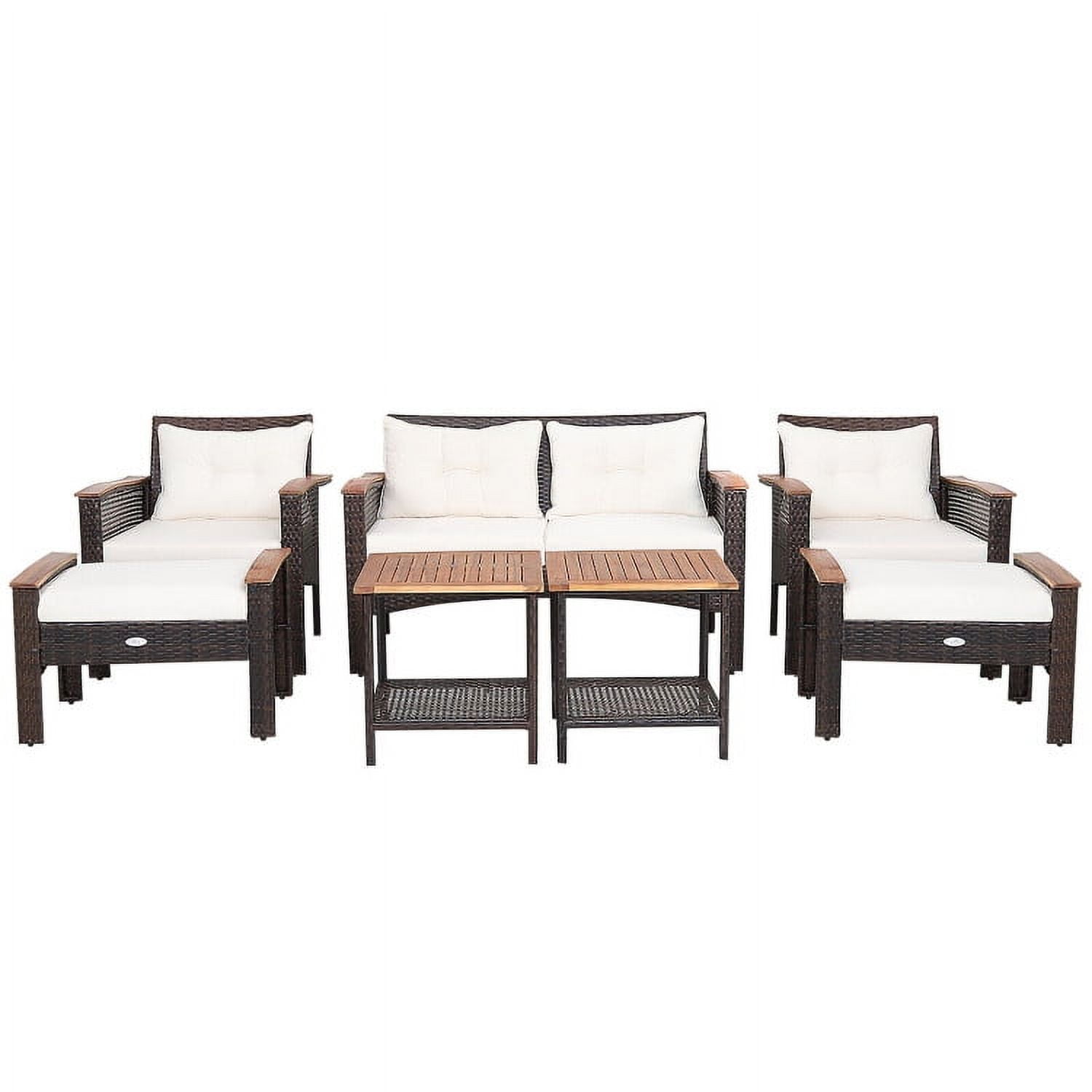 Aimee Lii 7 Pieces Patio Rattan Cushioned Conversation Set with Acacia Wood Tabletop, Outdoor Patio Furniture Aimee Lii 7 Pieces Patio Rattan Cushioned Conversation Set with Acacia Wood Tabletop, Outdoor Patio Furniture