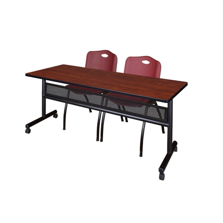 72 x 24 Flip Top Mobile Training Table with Modesty Panel- Cherry and 2 M Stack Chairs- Burgundy