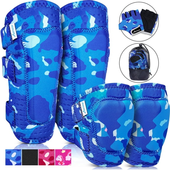 MOVTOTOP Protective Gear Set Kids Sports Protective Gears Knee Pads Elbow Pads Gloves for Cycling Skateboarding Size L/XL (Blue Camouflage Pattern)