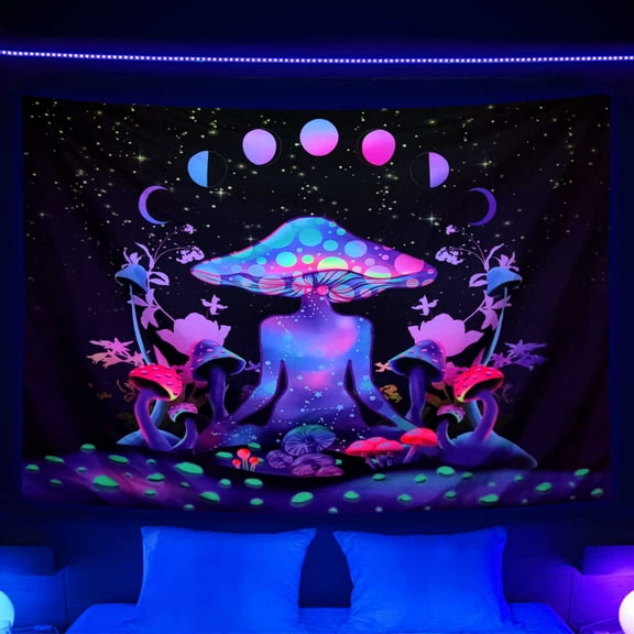 Blacklight Psychedelic Yoga Mushroom Tapestry,UV Reactive Chakra Wall Hanging Multifunction Tapestries for Wall Art Bedding Curtain Table Cloth 60X40 inches