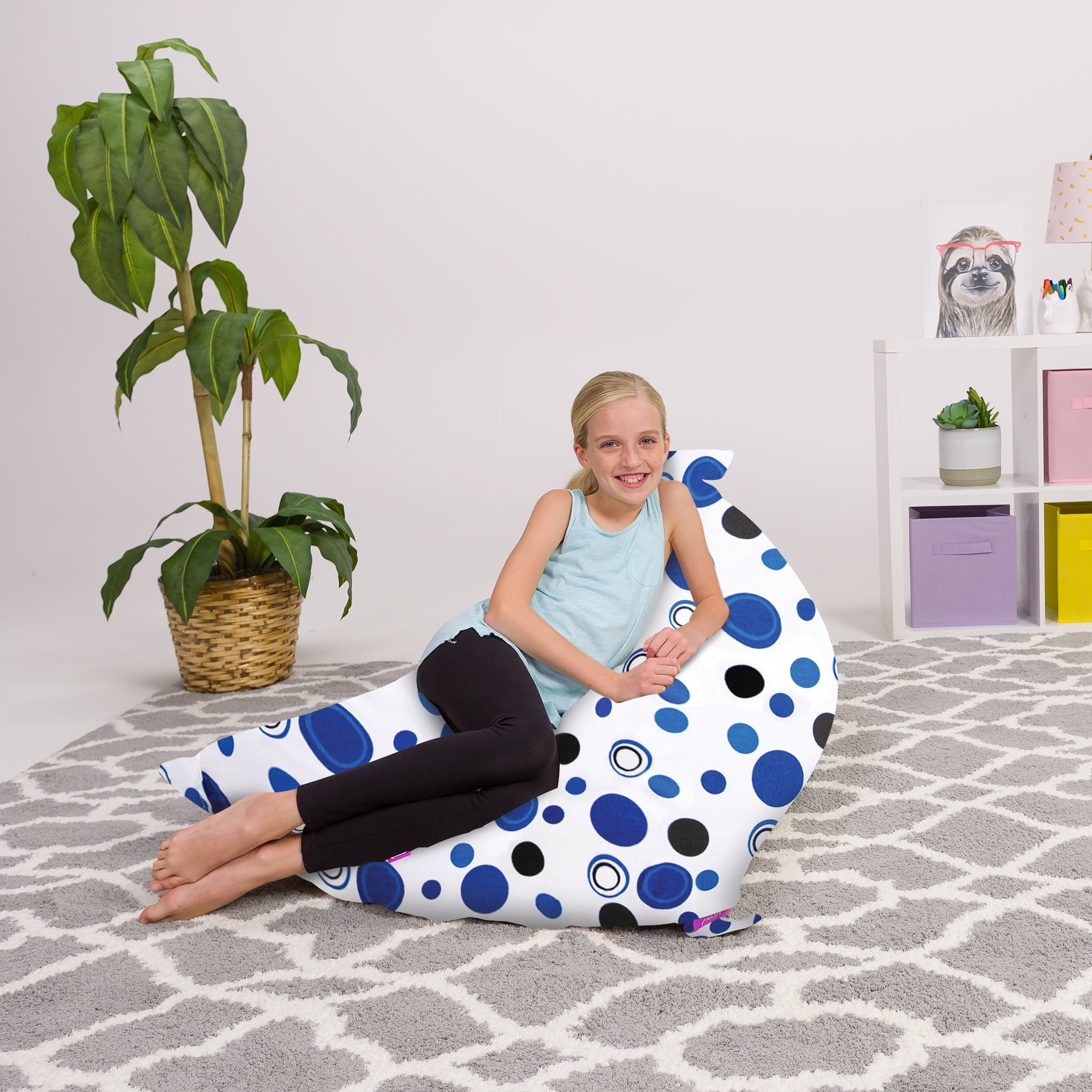 Posh Creations Bean Bag Stuffable Cover Only - Toy Organizer, Canvas, Kids, 4 ft, Canvas Bubbles Blue and White