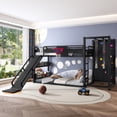thumbnail image 4 of Twin XL size metal loft/bunk bed with basketball hoop, pull-up rings, climbing wall, and built-in bookshelves. Playful   childlike Delight featuring a slide,Black., 4 of 23