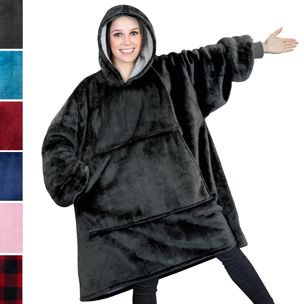 Blue Plaid, Reversible Match Color Wearable Sherpa Fleece Pullover with Front Pocket Hoodie Blanket Sweatshirt One Size Fits All Super Soft Warm Cozy Throw for Men and Women