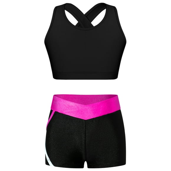 Jhaoyu Kids Girl Sport Outfits 2 Piece Tank Sport Bras Booty Shorts Training Athletic Clothes Running Yoga Dancewear Black&Rose 8