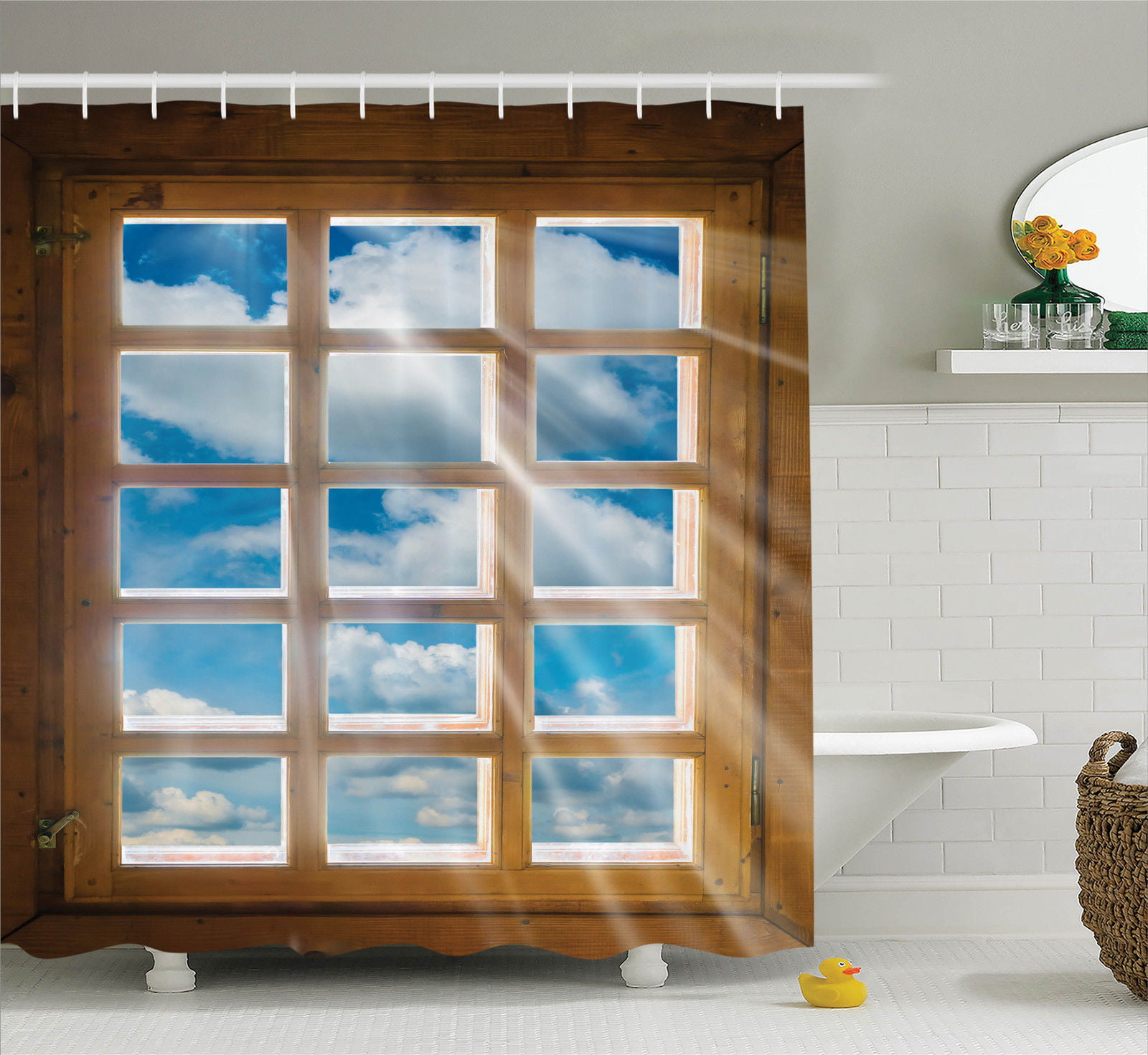 House Decor Shower Curtain Set, Wooden Window With ...