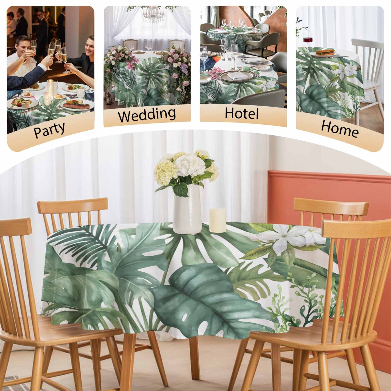 Round Tablecloth Tropical Botanical Waterproof Oil Proof Polyester Table Cloth Cover Decor for Home Dining Outdoor,Patio,Parties, 60" Dia. Palm Banana Leaf Toucan Green
