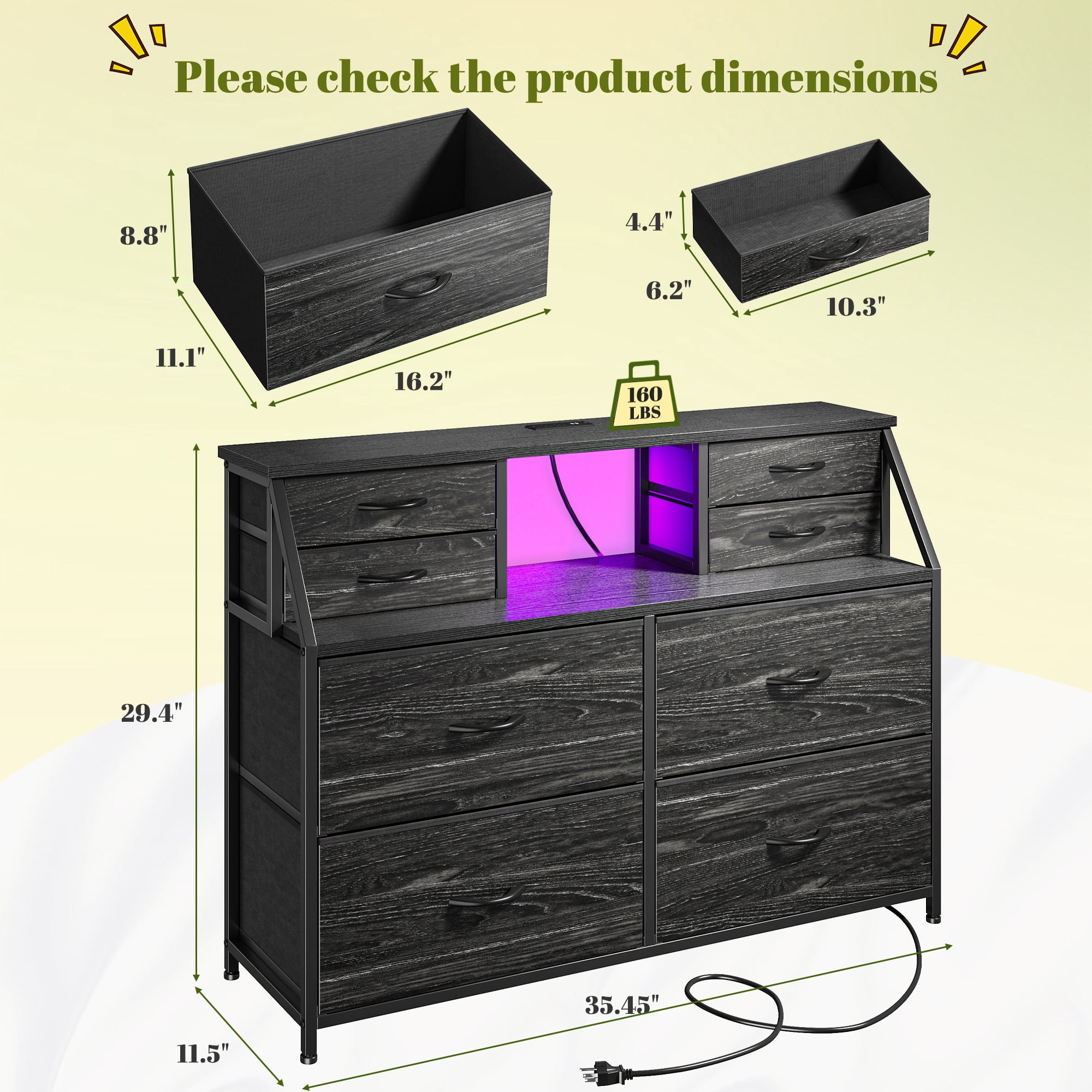 EnHomee Dresser for Bedroom with Power Strip & LED Lights Fabric Dresser with Open Shelves Chest of Drawers for Living Room, Black