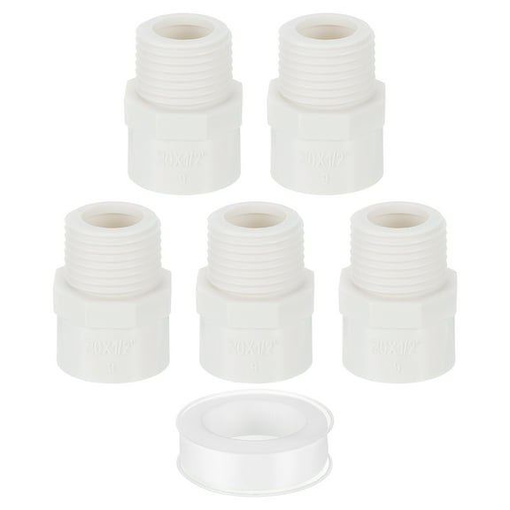 Male Adapter Pipe Fitting, 5Pcs 20mm(3/4") 2-Way Pipe Connectors with Sealant Tape (Socket x Male Pipe Thread), Hose Adapter Coupling for Plumbing Water Line (White)