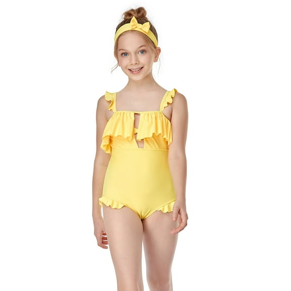 Razzly Little Girls Kids Girls Swimsuits One Shoulder Ruffle Swimwear Solid Bathing Suit Swim Suit for Kids(Yellow,5-6 Years)