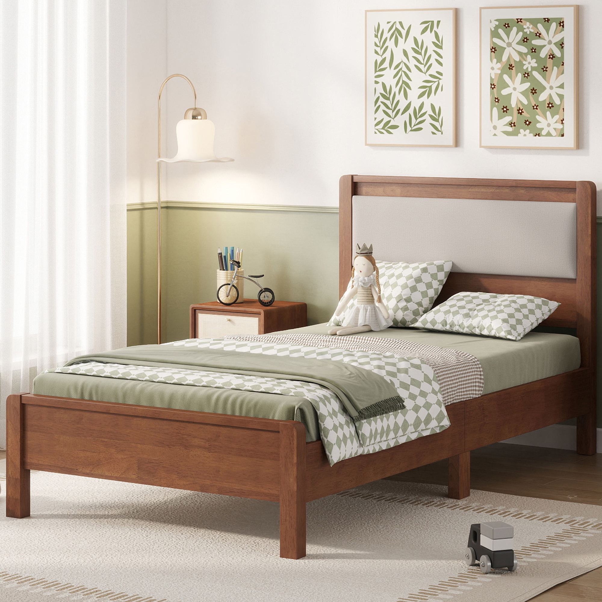 HOQBN Twin XL Solid Rubberwood Bed Frame with Upholstered Headboard, Reinforced Central Support Legs for Bedroom Brown