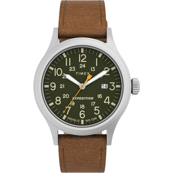 Timex Men's Expedition Scout 40mm Watch – Silver-Tone Case Green Dial with Brown Leather Strap