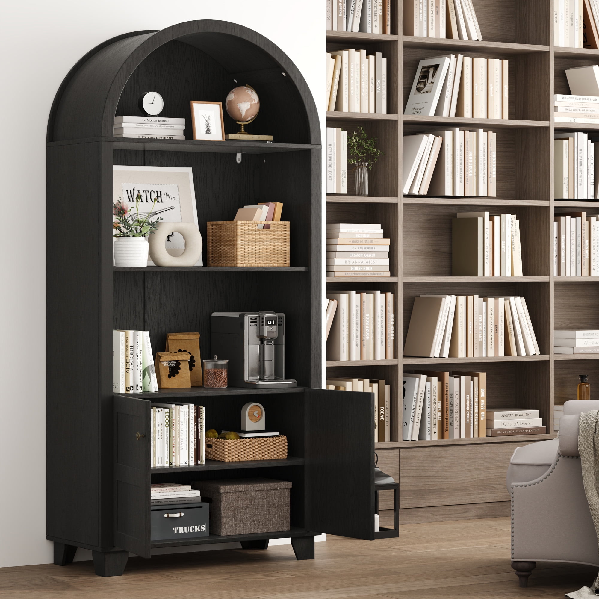 70'' Tall Arched Cabinet, Arched Kitchen Pantry Cabinet with 2 Doors and 5shelves, Open Storage Cabinets Display Bookcase, Versatile Cupboard for Living Room(Black)