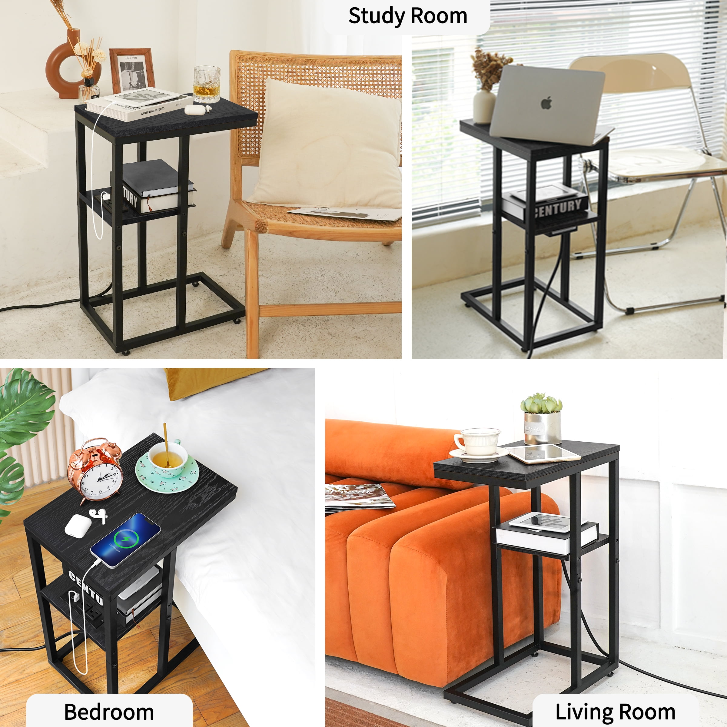 C Shaped End Table with Charging Station, Small Side Tables for Couch for Living Room, Bedroom, Black