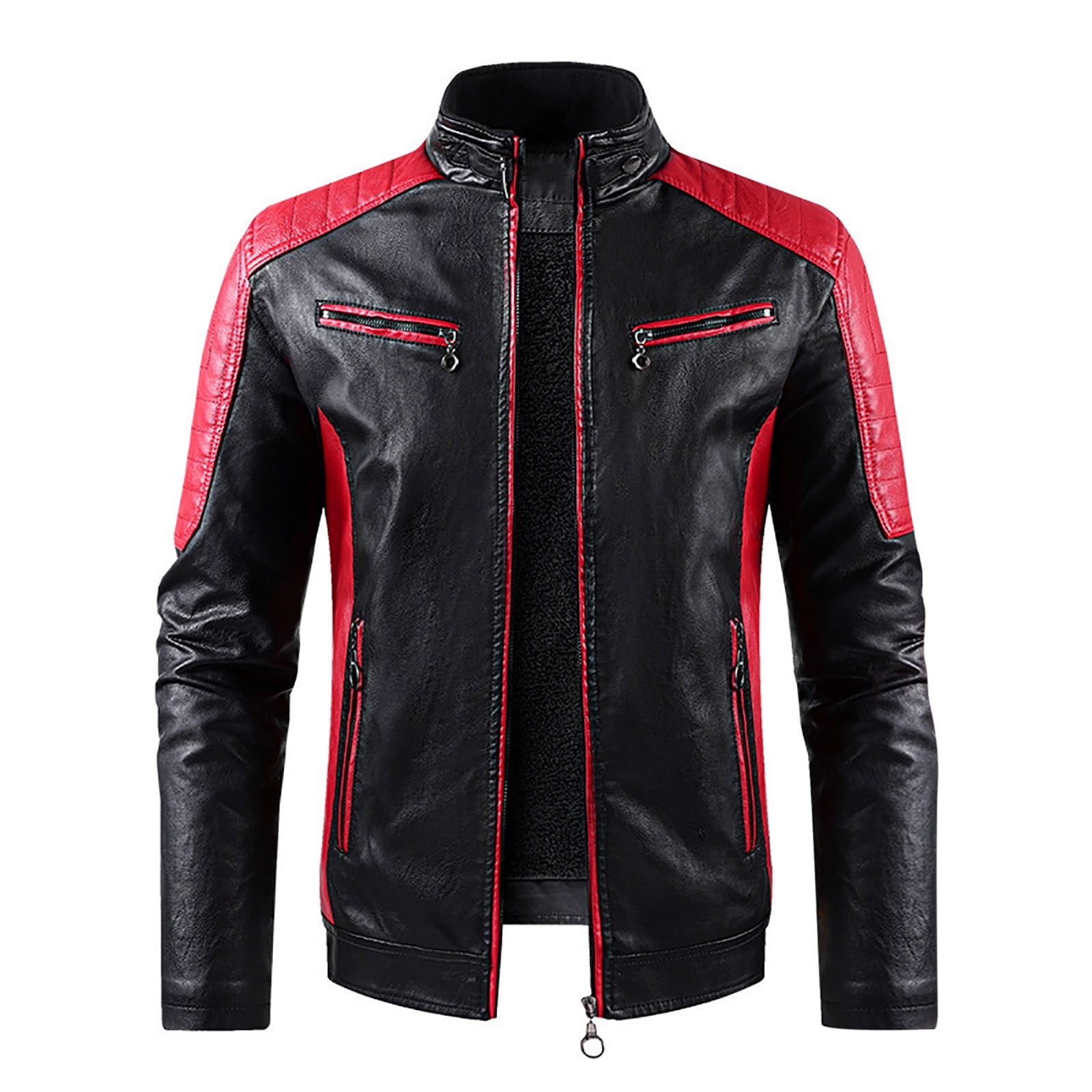 Bazeneo Leather Jacket Mens Slim Fit Faux Leather Jacket Smart Casual Motorcycle Jackets with Zip Pockets Colour Block Zipped Biker Jackets Western Style Stand Collar Outwear