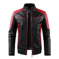 thumbnail image 5 of HOOMEUMY Mens Fleece Lined Leather Jacket Colorblocked Coat Stand Collar Jacket Padded Design Casual Workout Long Sleeve Clothes Fashion 2025 Trendy Red XL, 5 of 5