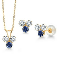 Gem Stone King 14K Yellow Gold White Lab Grown Diamond and Blue Created Sapphire 3 Stone Pendant and Earrings Jewelry Set for Women (1.02 Cttw, Round 3MM, with 18 inch Chain)