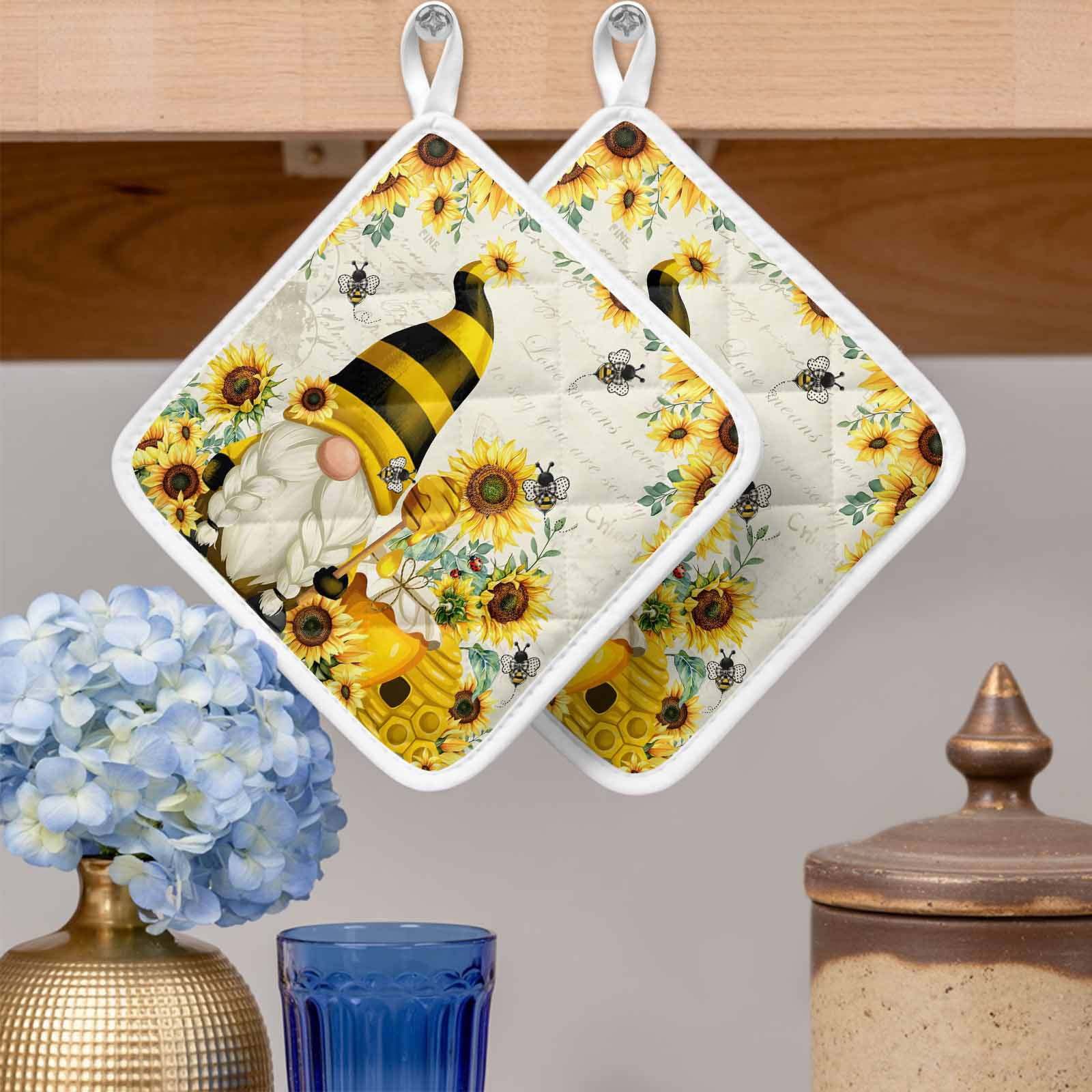 Sunflower Pot Holders for Kitchen Heatproof Potholder, 5 Pack Gnomes Flower Bee Eucalyptus Leaves Farmhouse Hot Pads Multipurpose Oven Pads Cloth Potholders Trivet for Cooking Baking