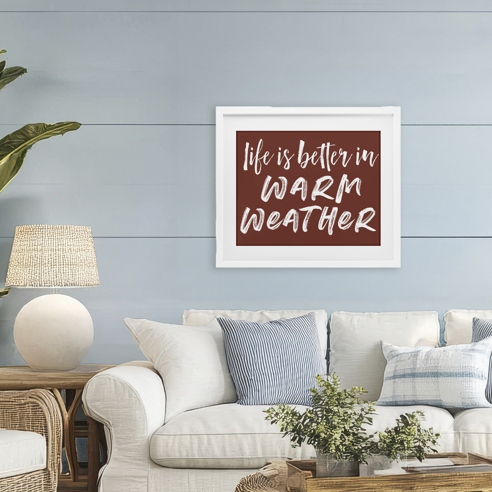 Life Is Better In Warm Weather White Framed Print Under Glass, design by Lettered and Lined
