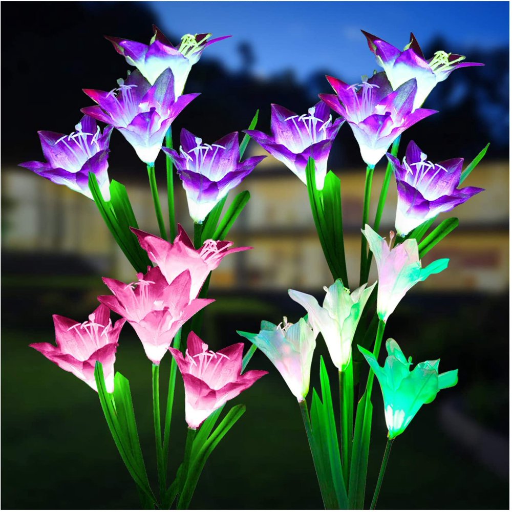 Outdoor Solar Lights, KOOPER 4 Pack Solar Garden Lights with 16 Bigger Lily Flowers, Waterproof