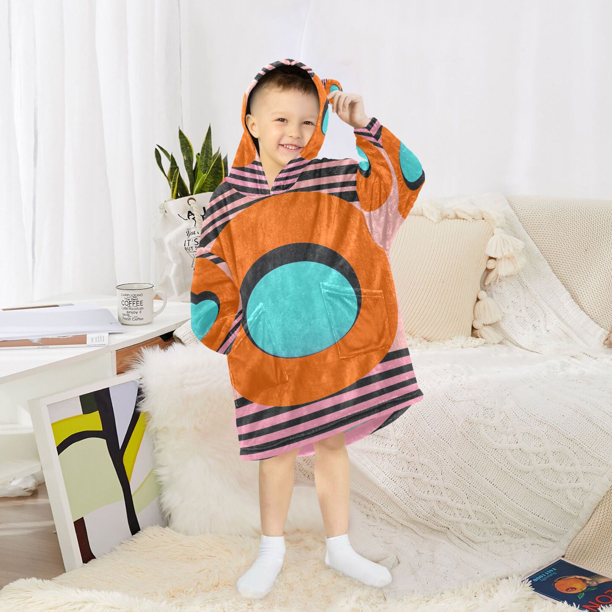 FORMRS Wearable Blanket Hoodie with Sleeves for Kids Cozy Flannel Sweatshirt, Orange Circle