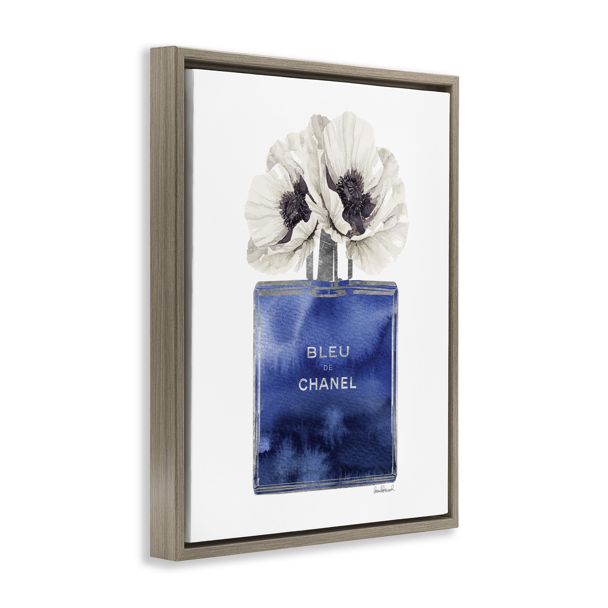 Stupell Industries Blue Watercolor Floral Perfume Beauty & Fashion Painting Brown Floater Framed Canvas Art Print Wall Art, 17 x 21