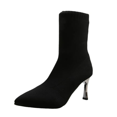 

Fashion Women Fabric Stretch Cloth Solid Color Autumn Thin Heels Slip On Mid Booties Ponited Toe Shoes