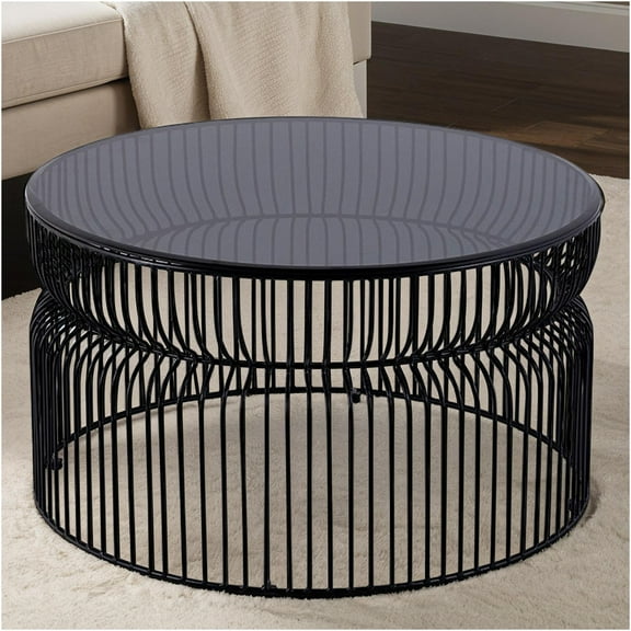 JERFIT 30 inch Round Coffee Table with Metal Base & Tinted Glass Top, Modern Industrial End Table for Living Room, Bedroom, Black
