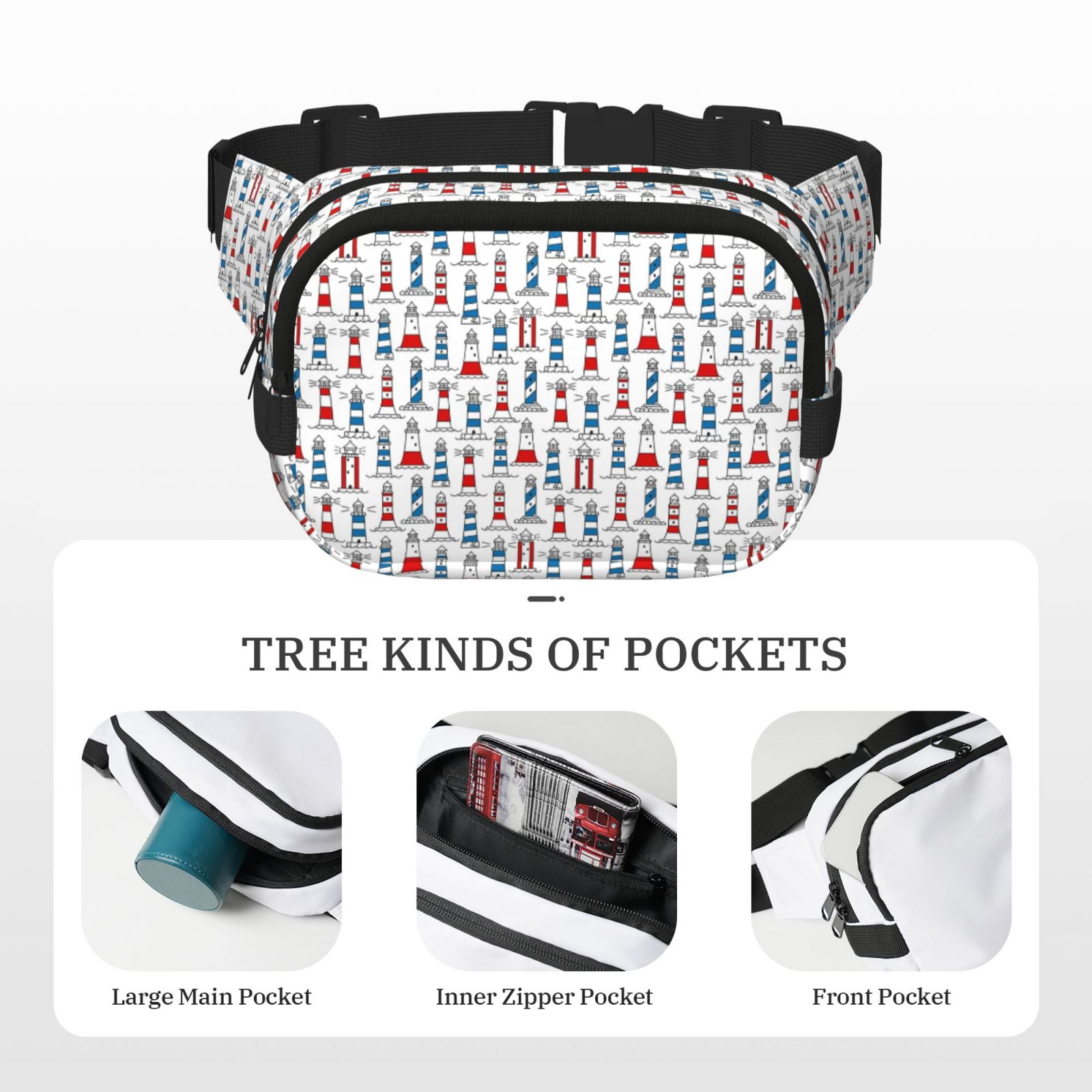 Picia Lighthouse And Beacon Print Square Double-Layer Waist Bag Mini Adjustable Waist Belt Bag Exercise Running Travel Hiking