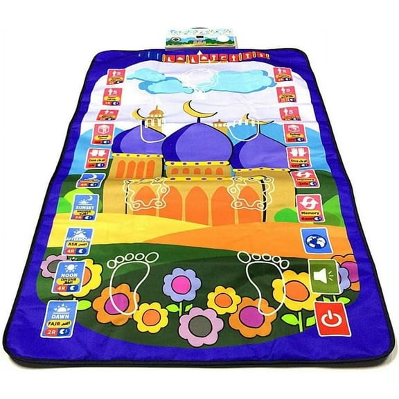 Muslim Prayer Rug for Kids – Smart Interactive Islamic Prayer Mat with Teaching, Talking & Music, Worship Step Guide for Toddlers & Children (Blue, 43.3x27.5 in)