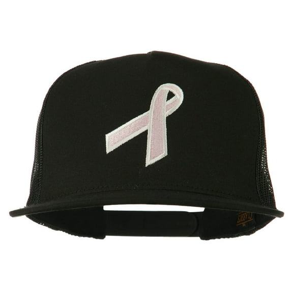 Breast Cancer Ribbon Embroidered Mesh Cap - Black OSFM