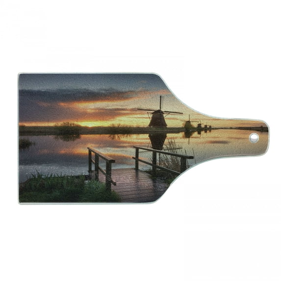 Nature Cutting Board, Landscape with Traditional Famous Dutch Windmills on Background near Canal Photo, Tempered Glass Cutting and Serving Board, Wine Bottle Shape, Orange Blue, by Ambesonne