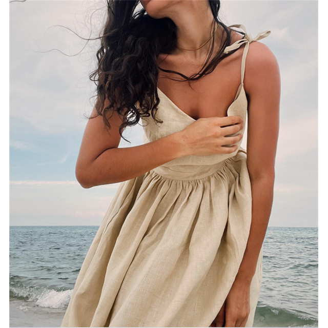 Bornladies-Vestido largo de primavera y verano para mujer, traje holgado de estilo playero, Vintage, liso, con tirantes, Sexy, con cuello en V, para fiesta