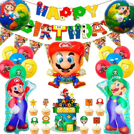 Super Mario Birthday Party Supplies,44pcs Super Mario Party Decorations Set - Super Mario Bros Balloons, Mario Balloons Banners Cake Topper etc Super Mario Theme Birthday Party Supplies for Boys Kids