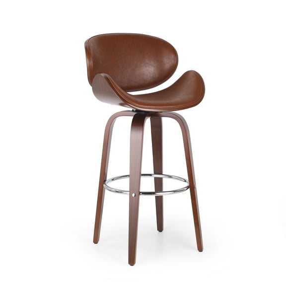 GDF Studio Candler Mid Century Modern Faux Leather and Wood 30 Inch Swivel Barstool, Cognac Brown and Walnut