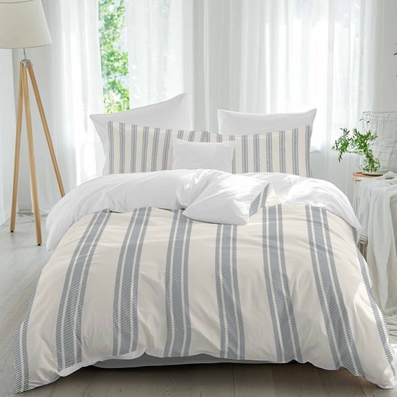 3 Piece Blue Striped Duvet Cover Set California King, Microfiber Comforter/Quilt Cover with Corner Ties and 2 Pillowcases, Modern Stripes Farmhouse All Season Soft Bedding with Zipper Closure