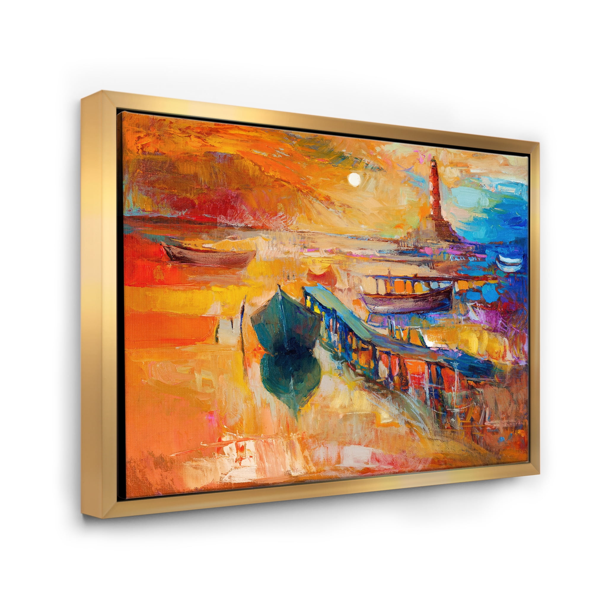 Designart 'Boats Near Coastal Town Resting On The Water III' Nautical & Coastal Framed Canvas Wall Art Print