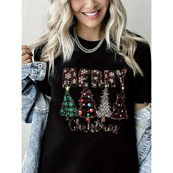 Women Short Sleeve Crew Neck Merry Christmas T-Shirt Christmas Tree Graphic Black Top