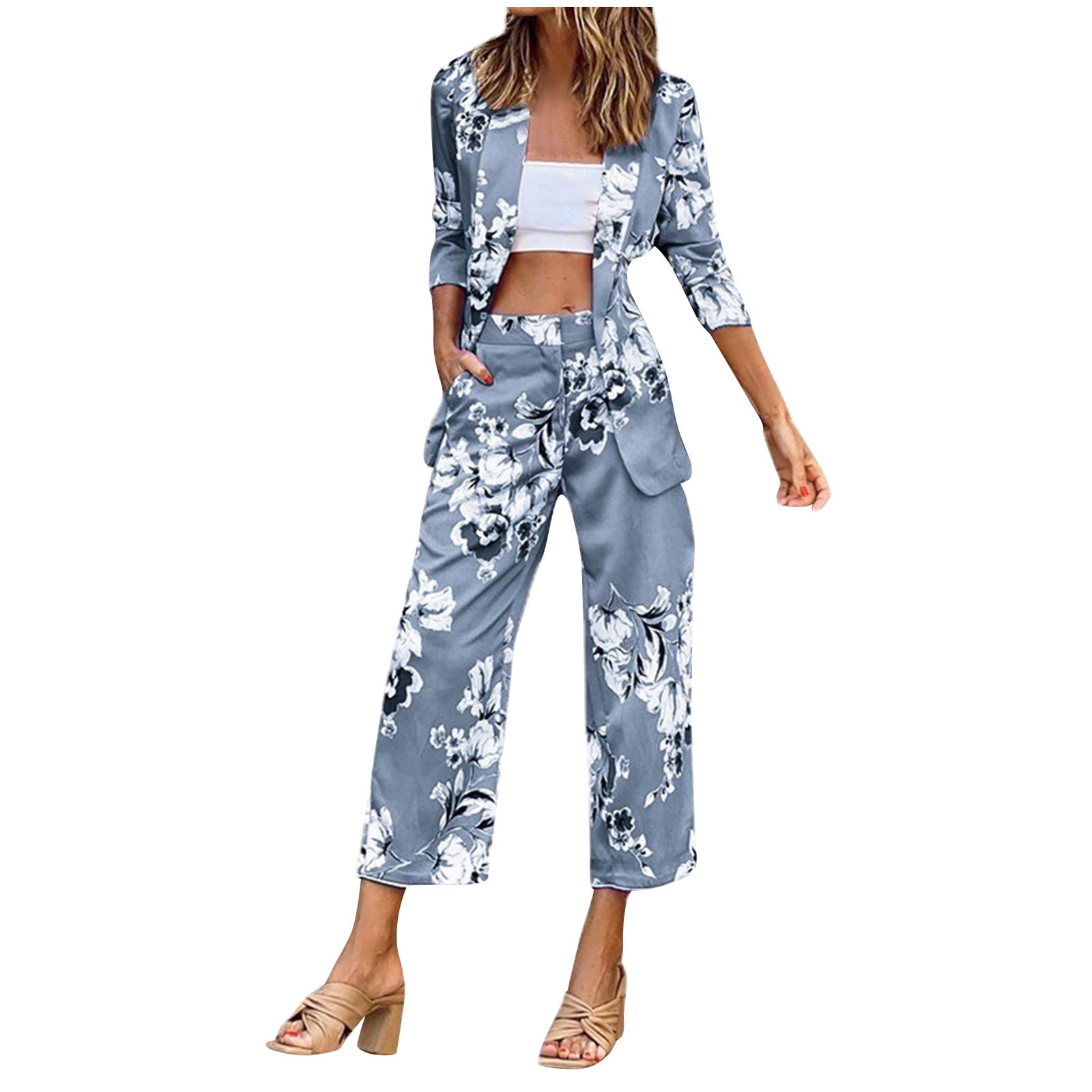 Womens 2 Piece Blazer Sets Casual Print 3/4 Sleeve Open Front Formal