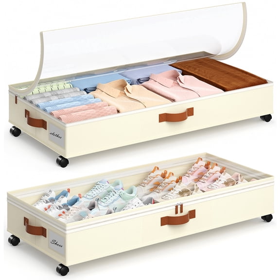 Yecaye Under Bed Storage with Wheels, 2 Pack Under Bed Storage Containers with Adjustable Dividers & Clear Lid, Beige