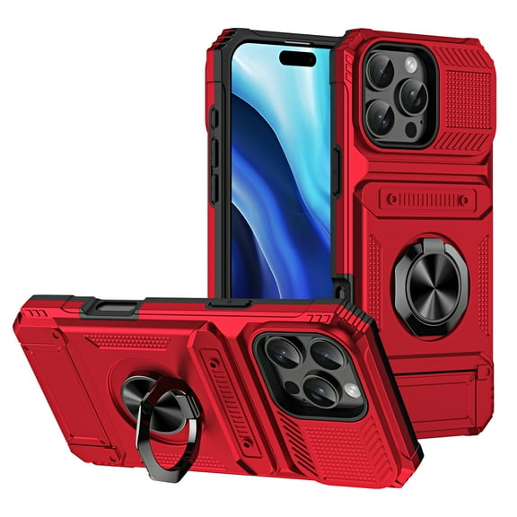 Allytechgroup for iPhone 16 Pro Max Case, Soft TPU & Hard PC Back Shockproof Shell Anti-Slip Drop Proof Cover with Metal Ring Kickstand/ Card Slots/ Support Magnetic Car Mount Stand Phone Case, Red