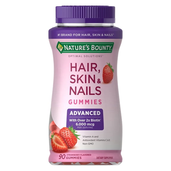 Nature's Bounty Advanced Hair, Skin and Nails Gummies, Biotin 6000 mcg, Vitamins A, C, and E, Strawberry, 90 Ct