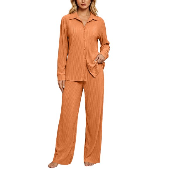 Women's 2 Piece Outfit Sets Casual Lounge Set Button Long Sleeve Shirts and Long Pants Loungewear Set Pajama Set