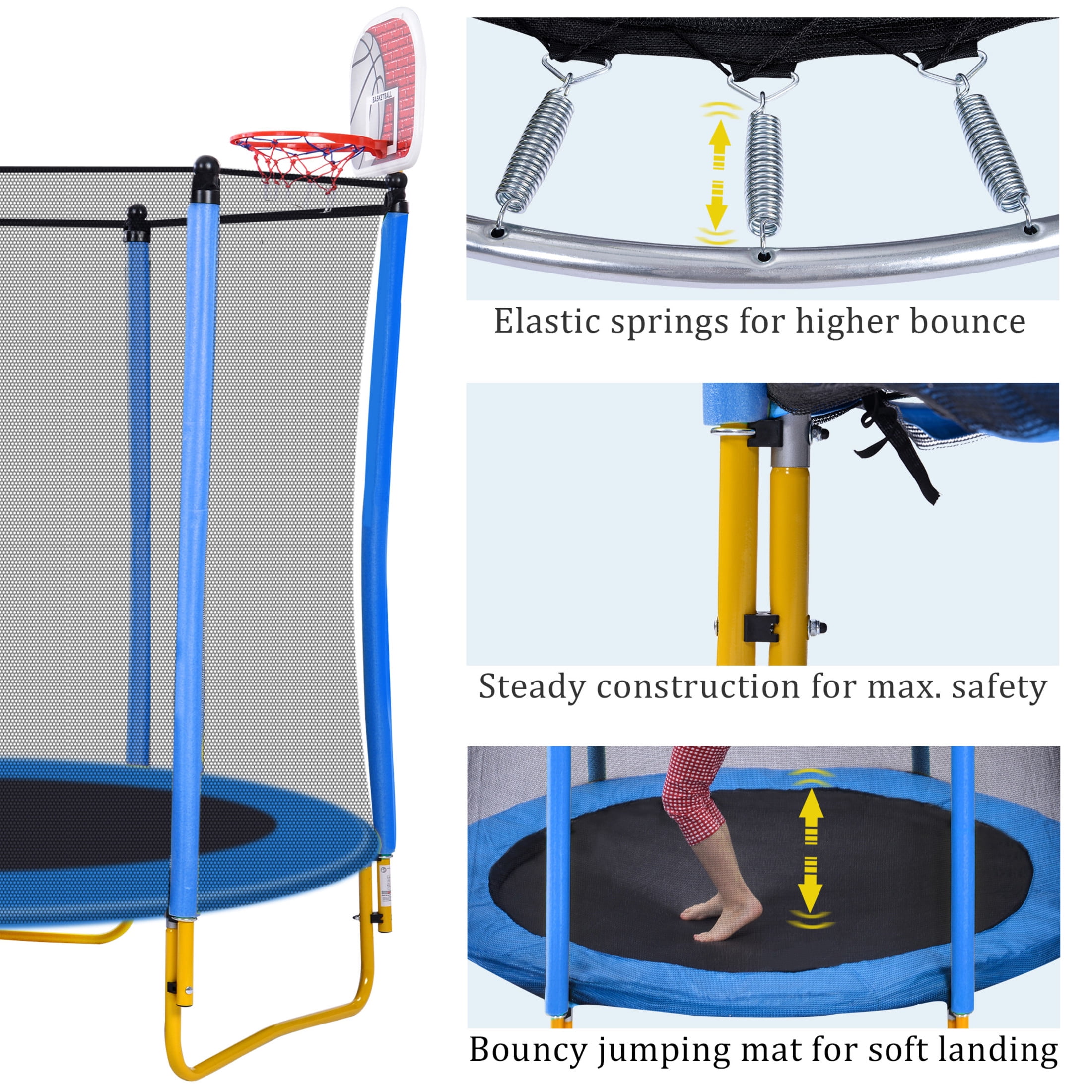 5.5 ft Kids Trampoline with Enclosure Net, Basketball Hoop and Ball, Blue