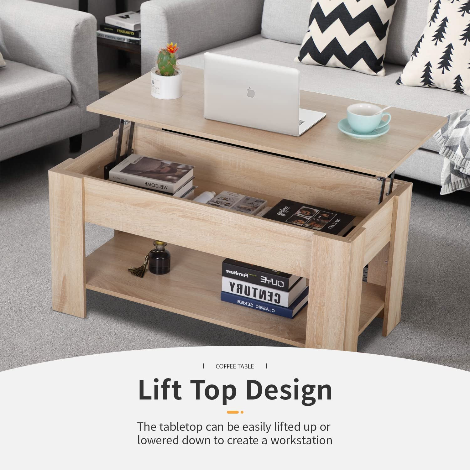 FDW Lift Top Coffee Table with Hidden Compartment and Storage Shelf Wooden Lift Tabletop(Grey)