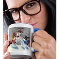 thumbnail image 2 of 3drose, Cartoon Snowman and Snowwoman Holding Christmas Presents in the Snow, 11oz Two-tone Blue Mug, 2 of 6
