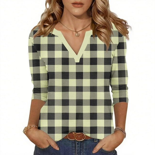 Soki Womens Basic Casual V Neck Plaid Print 3/4 Sleeve Work Tops Blouses Shirts