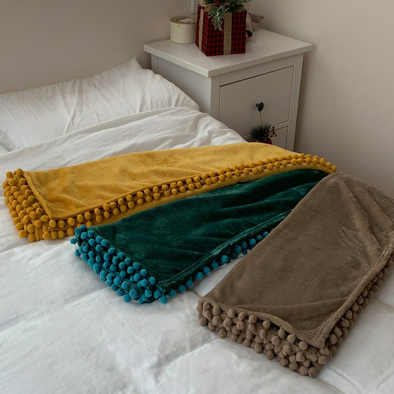 LOMAO Soft Flannel Throw Blanket with Pompom Fringe, Lightweight